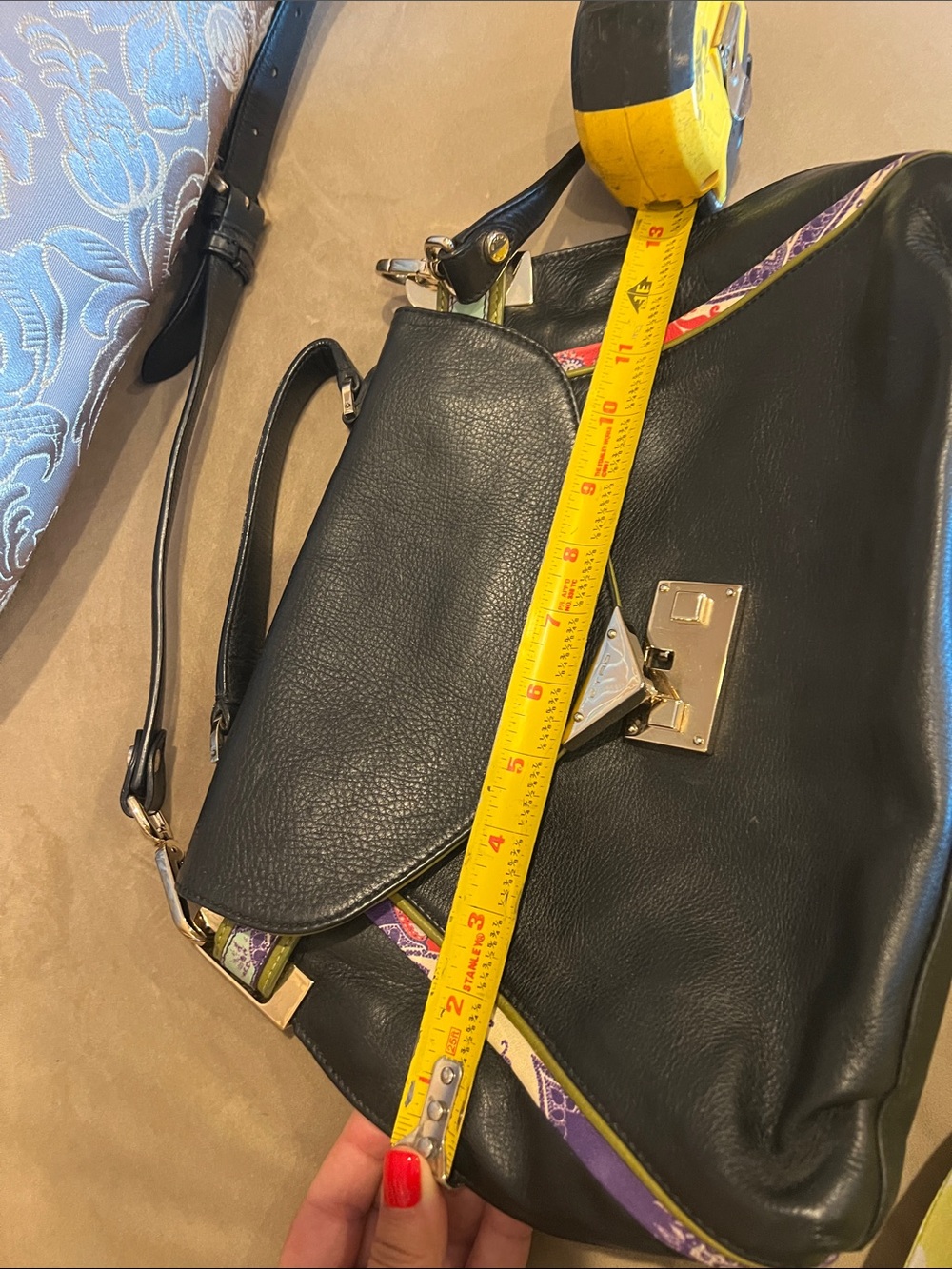 Black Leather Satchel with Patterned Accent Strap - Picture 17 of 17